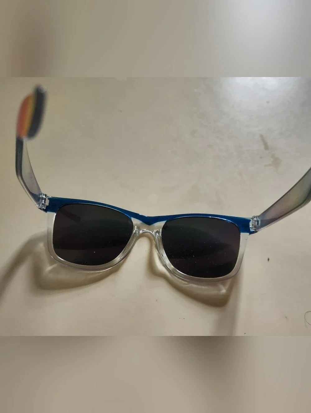 Kids Clear Frame Sunglasses with Blue Accents and Rainbow Mirrored Lenses